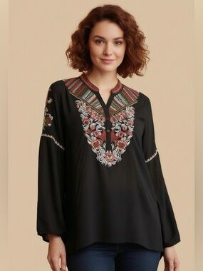 Embroidered Black Sheer Cupro Tunic Top